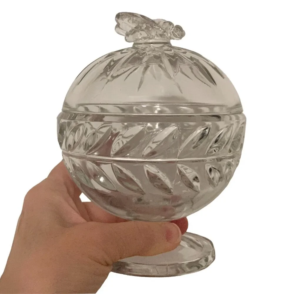 Vintage Indiana Glass Laurel Wreath Pedestal Candy Dish Lid Bee Finial Clear
